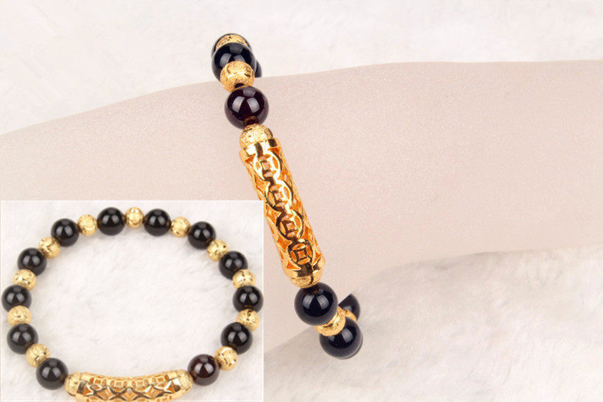 越南沙金情侣手链  镀24K黄金男女士路路通转运珠黑玛瑙沙金手串