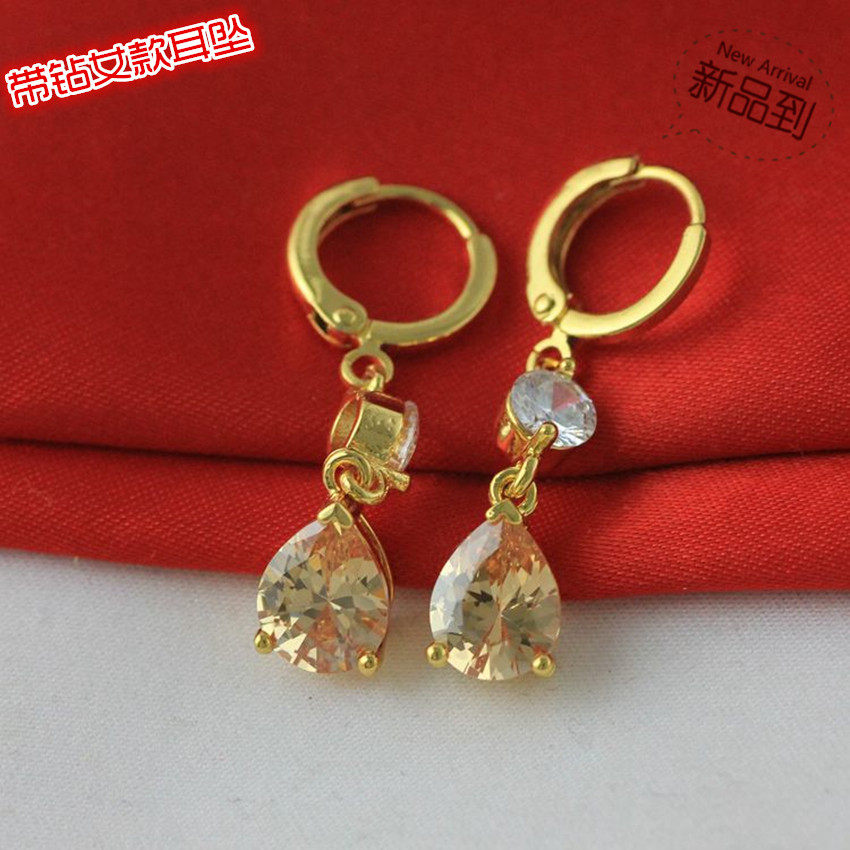 越南沙金女士耳坠  镀24K黄金时尚水滴花朵精美带钻女款沙金耳坠