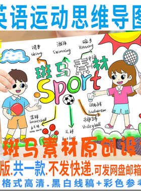 B774英语sport运动思维导图模板小学生手抄报电子版黑白线稿涂色