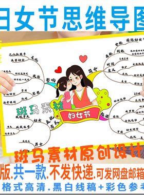 C934三八妇女节思维导图手抄报模板电子版小学生母亲节黑白线涂色