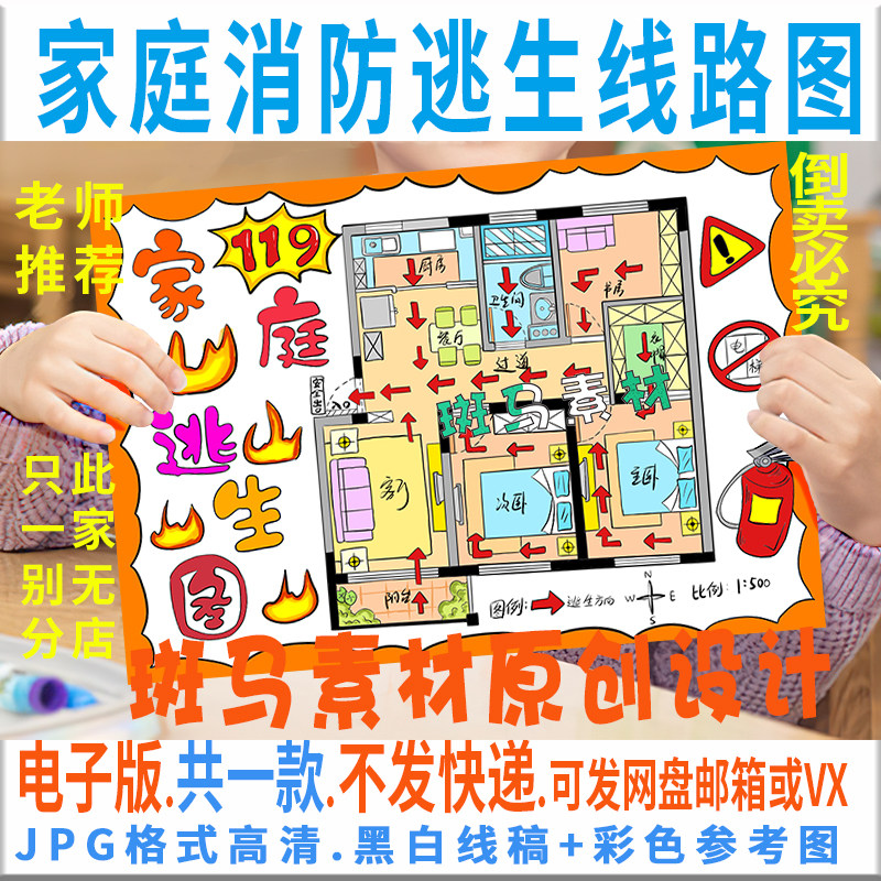 b831家庭消防疏散逃生路线示意图手抄报模板安全知识教育小报绘画