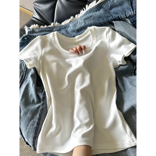 95棉正肩t恤女U领短袖春夏季大码胖mm美式辣妹内搭显瘦漏锁骨上衣