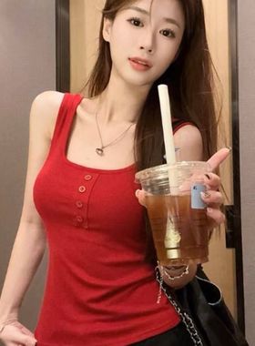 春夏季红色复古方领吊带背心女大码修身显瘦辣妹百搭打底无袖上衣