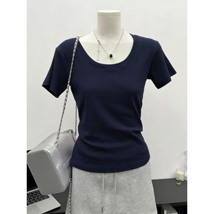 95棉正肩t恤女U领短袖春夏季胖mm大码辣妹美式显瘦内搭漏锁骨上衣