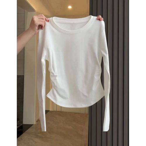 莫代尔秋季收腰设计感正肩长袖T恤女大码褶皱修身内搭打底衫上衣