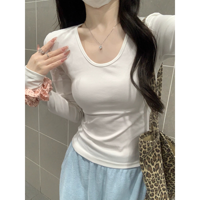 95棉春秋季U领长袖打底衫女新款大码胖mm内搭修身T恤纯色正肩上衣