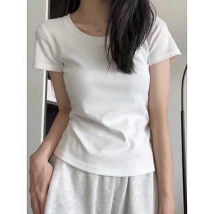 95棉正肩t恤女U领短袖春夏季大码胖mm美式辣妹显瘦内搭漏锁骨上衣