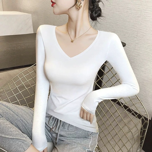 T恤打底衫 胖mm百搭修身 女春秋季 大码 内搭正肩上衣 新款 95棉v领长袖