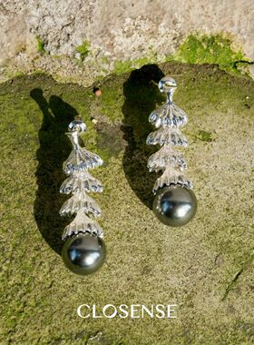 CLOSENSE『雪松』原创设计复古灰珍珠吊坠耳饰清冷多层立体耳夹