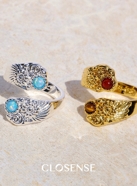 CLOSENSE『浪屿花』双色开口戒指雕刻纹理欧珀红玛瑙虎眼石高级感