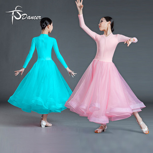 新款拉丁舞服女童表演服粉色国标舞比赛服大摆演出服长袖摩登舞裙