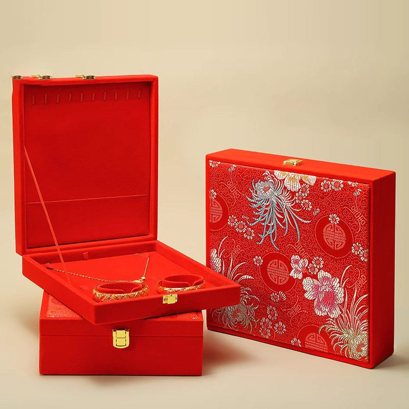 新款结婚三金首饰盒黄金龙凤手镯项链戒指套装盒订婚嫁妆礼品盒