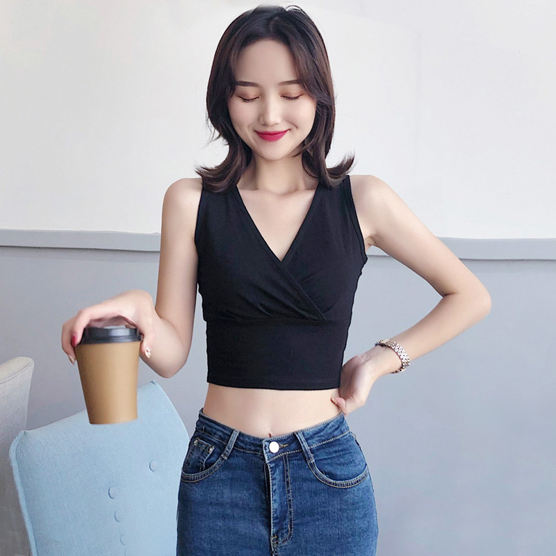 露背吊带背心女V领坎袖短款露脐高腰纯棉打底衫运动舞蹈紧身上衣