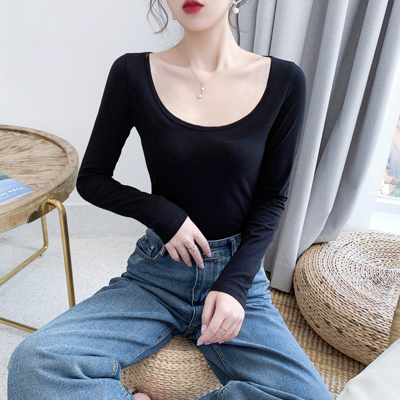 黑色长袖t恤女前后双U领大圆领