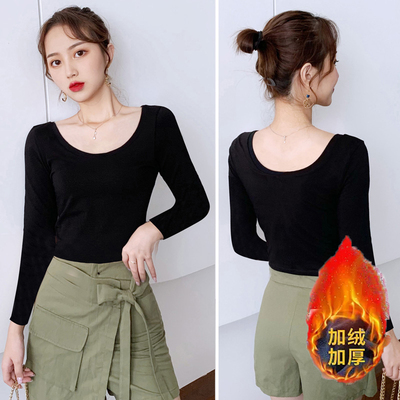 前后u领长袖T女加绒加厚圆领露背
