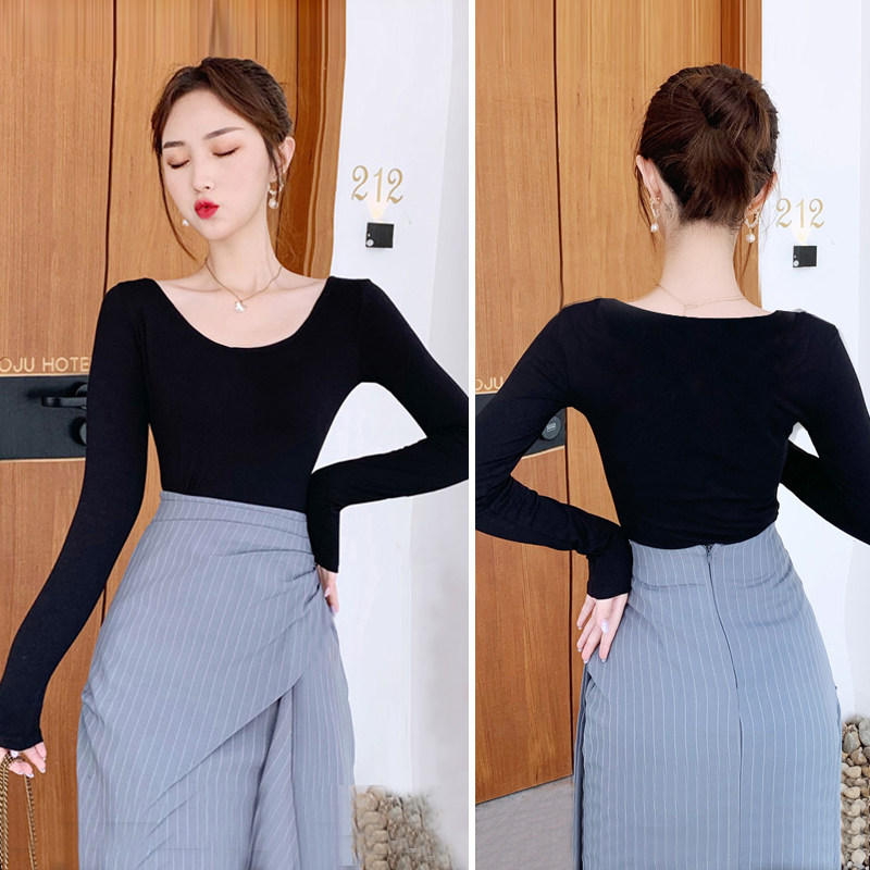 黑色U领长袖T恤女大圆领纯棉紧身内搭打底衫春秋冬低领口舞蹈上衣