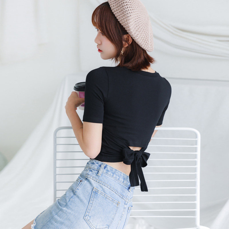 不规则系带绑带短袖t恤女运动舞蹈服露肚脐衫露腰紧身超短款上衣