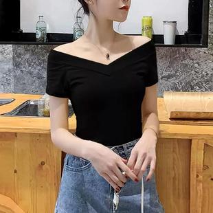 前后大V领短袖T恤女瑜伽舞蹈服修身紧身内搭打底衫低领口露背上衣