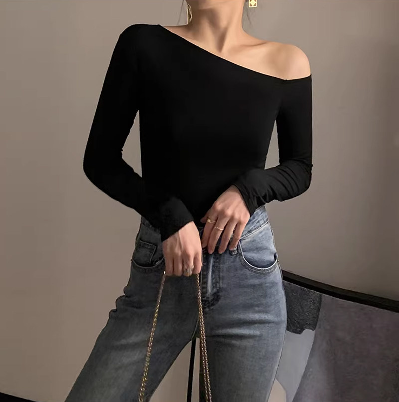 露背长袖t恤女前后双V领一字领露肩膀斜肩纯棉打底衫舞蹈紧身上衣