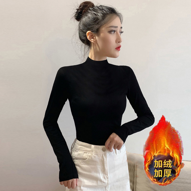 纯棉舞蹈长袖T恤女半高领中立领保暖紧身内搭打底衫加绒加厚上衣