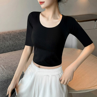 黑色短款u领t恤女中袖低领五分袖打底衫内搭紧身早秋露脐装上衣棉