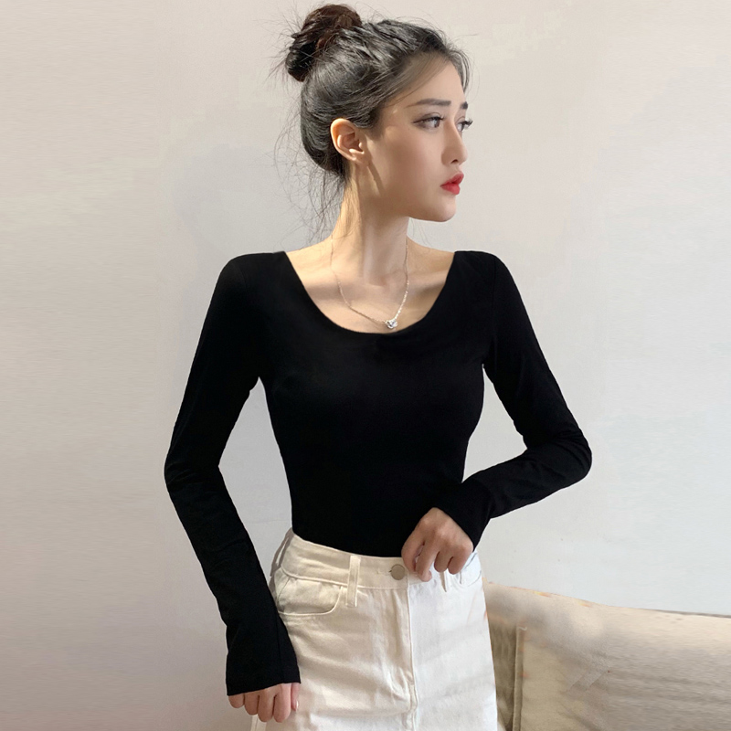 露背长袖t恤女前后双u领大圆领