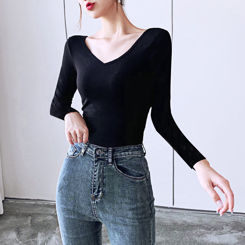 长袖性感百搭露背前后双V领棉女