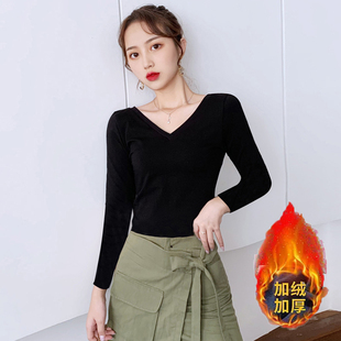 纯棉瑜伽舞蹈练功服长袖女t恤打底衫加绒加厚鸡心领大V领低领上衣