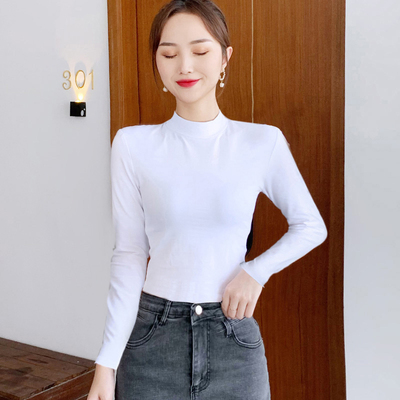 白色长袖女半高领小立领中领纯棉