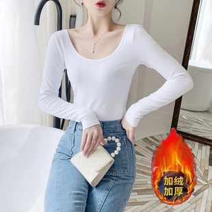 白色U领长袖T恤女大圆领保暖紧身内搭打底衫冬低领口加绒加厚上衣
