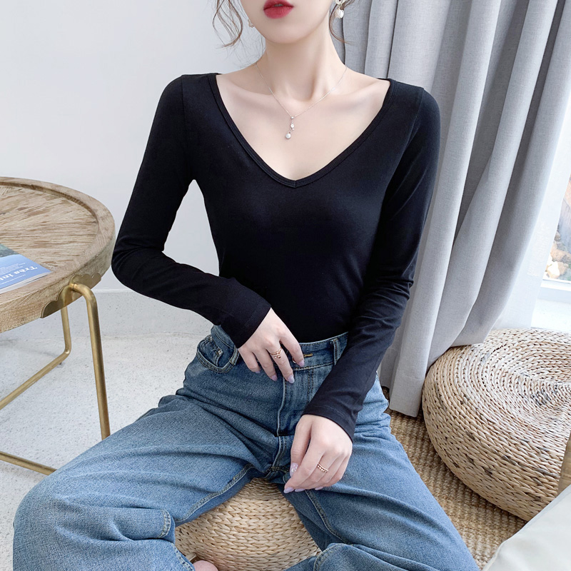露背长袖t恤女前后双V领大领口女