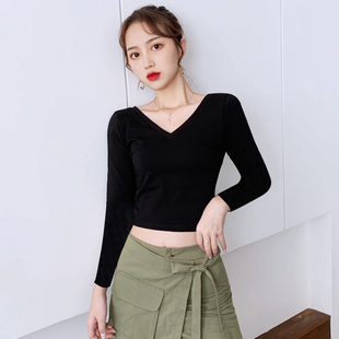 纯棉瑜伽舞蹈服露脐长袖女t恤打底衫显瘦短款鸡心领大V领低领上衣