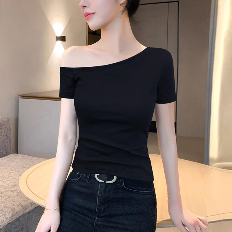 前后大V领短袖T恤女斜领漏肩膀紧身内搭一字肩春夏低领口露背上衣