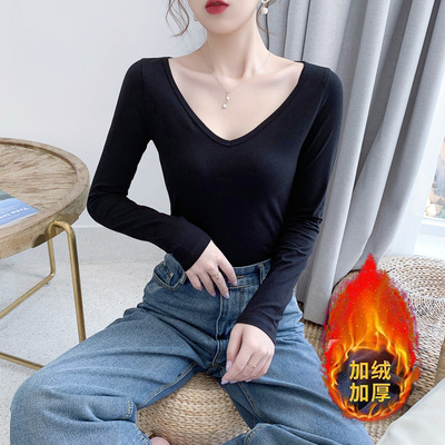 黑色大V领长袖T恤女棉加绒加厚