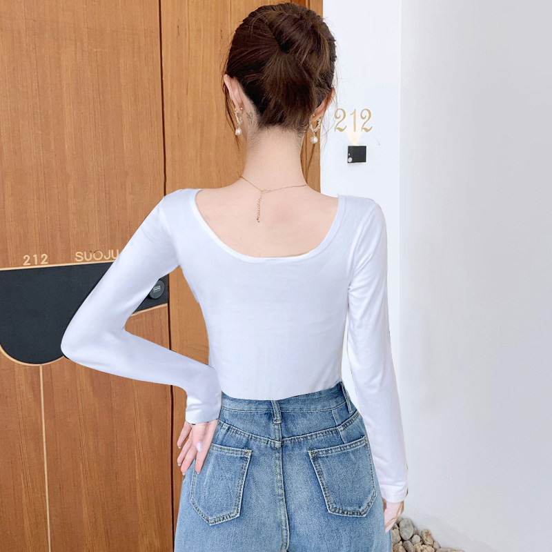 前后U领长袖T恤女大圆领保暖紧身内搭打底衫冬白色低领口露背上衣