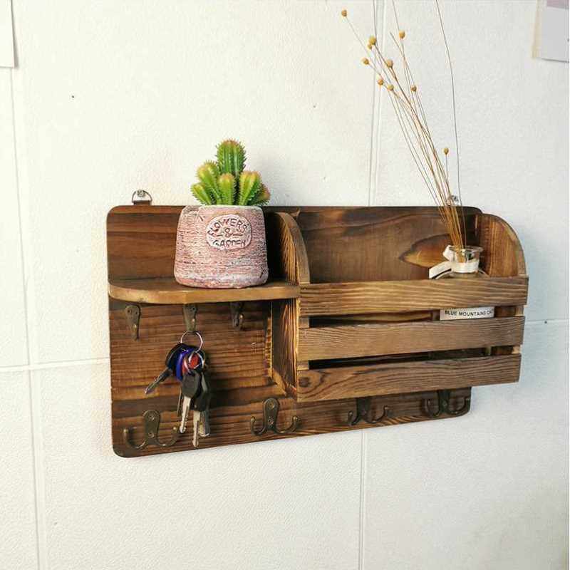 木质壁挂式收纳置物架复古房间卧室书房钥匙挂钩实木墙面杂物整理