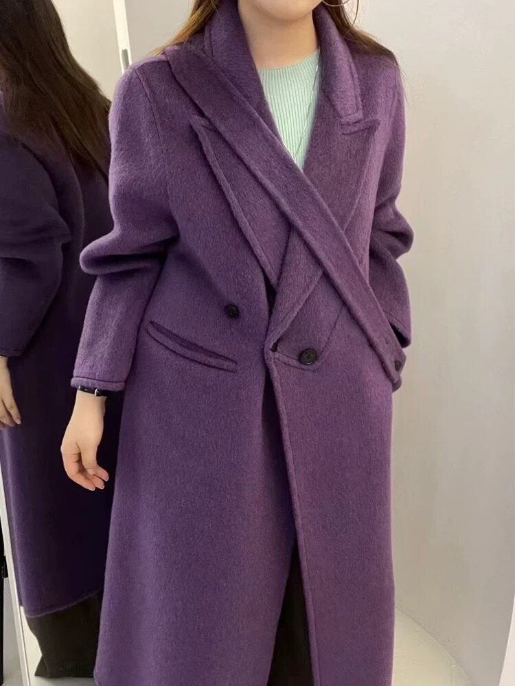 紫色斜跨包气质双面羊绒大衣女西装领中长款高端宽松羊毛呢外套冬