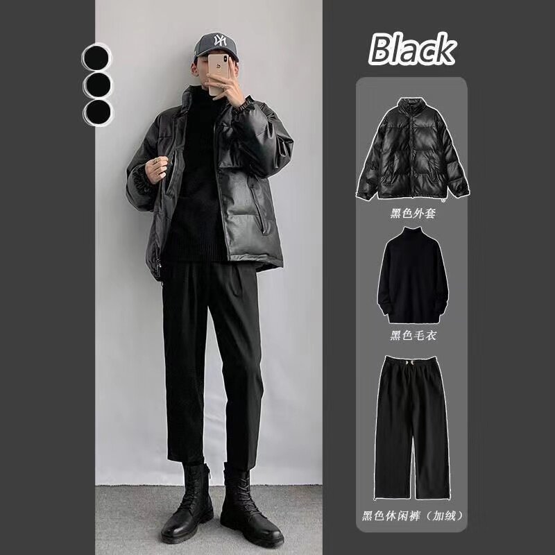 【加厚三件套】皮棉袄+毛衣+加绒裤套装男装潮流韩版宽松保暖棉衣