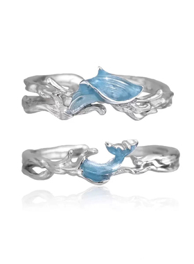 浪花鱼尾情侣对戒精致小众戒指女