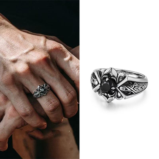 千叶黑石戒指男复古百搭高级感霸气开口可调节潮流指环男士单身戒