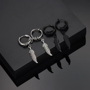 羽毛吊坠圈圈耳环男潮流高级感冷淡风免打孔无耳洞耳夹无痛感耳饰