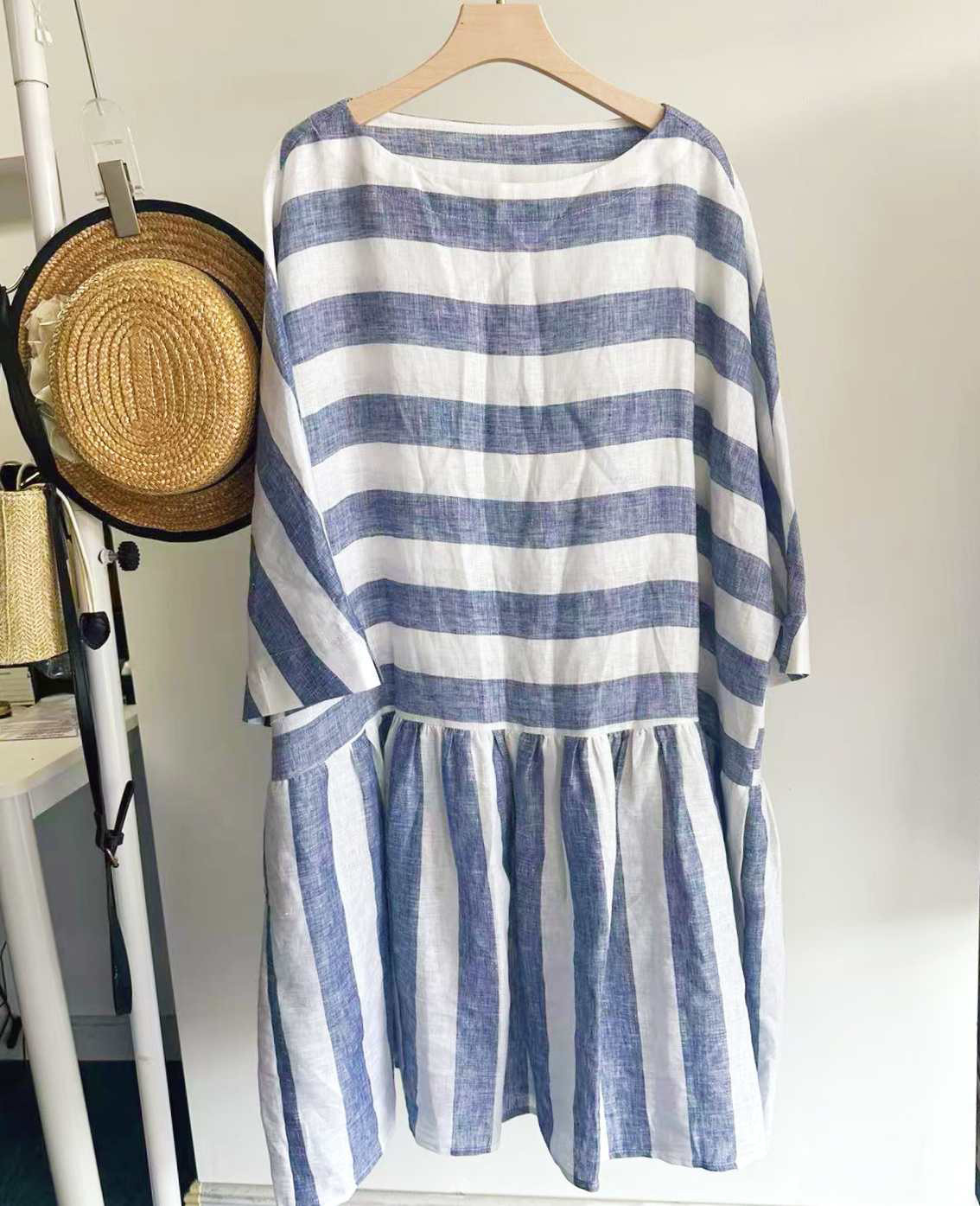 亚麻条纹连衣裙女夏季宽松显瘦百搭休闲中长款裙子