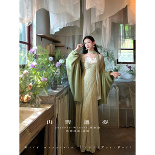 现货 清冷感立体绣绿色气质优雅秋冬连衣裙外套 山野逸梦新中式