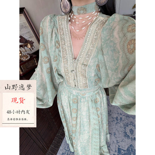 山野逸梦 法式V领蕾丝绿色灯笼袖长袖雪纺衫女仙气飘逸半身长裙
