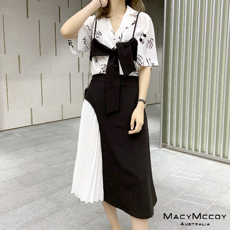 Macy Mccoy 2019春夏新款 百褶拼接半裙黑白撞色设计感A型棉女|msdalam kategori Butik wanita / wanita, skirt - dari Buy2taobao.com untuk memberikan perkhidmatan ejen Taobao profesional membeli