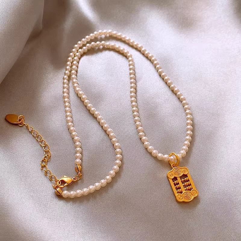 如意算盘古法沙金吊坠玻璃珍珠项链女小米珠轻奢气质网红锁骨颈链