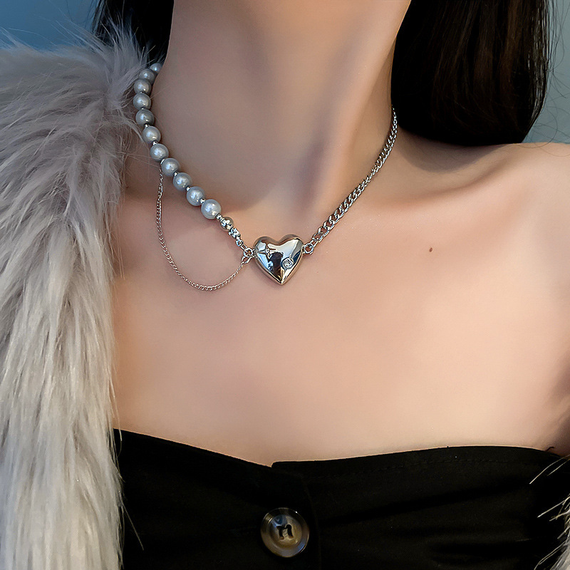 韩国东大门复古镶钻爱心珍珠项链嘻哈个性气质颈链时尚项坠女