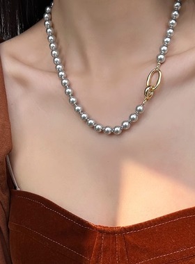 加长45CM真多麻色银灰色施家正圆强光珍珠项链韩版气质网红毛衣链