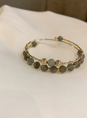 双层灰色月光石手镯韩版时尚气质多层手链自然石水晶闺蜜礼物手饰