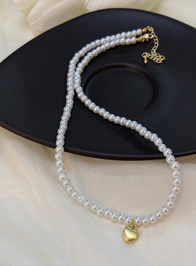 拉丝爱心仿珍珠珍珠项链女轻奢高亮小颗粒珍珠颈链气质网红锁骨链